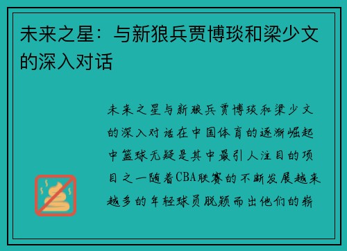 未来之星：与新狼兵贾博琰和梁少文的深入对话