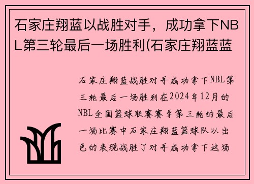 石家庄翔蓝以战胜对手，成功拿下NBL第三轮最后一场胜利(石家庄翔蓝蓝球俱乐部)
